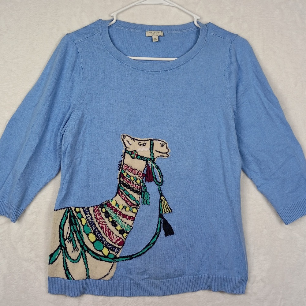 Talbots Blue Camel Intarsia Tassel‎ Pom Pom Knit Sweater Petite Medium MP